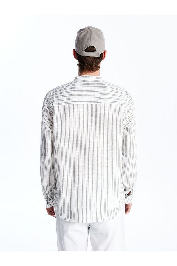 Regular Fit Uzun Kollu Çizgili Poplin Erkek Gömlek - 5