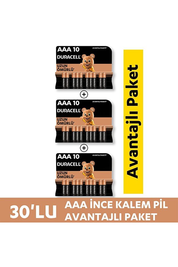 Duracell Alkalin AAA Kalem Pil, 1,5V (LR03 / MN2400), 30'lu Paket
