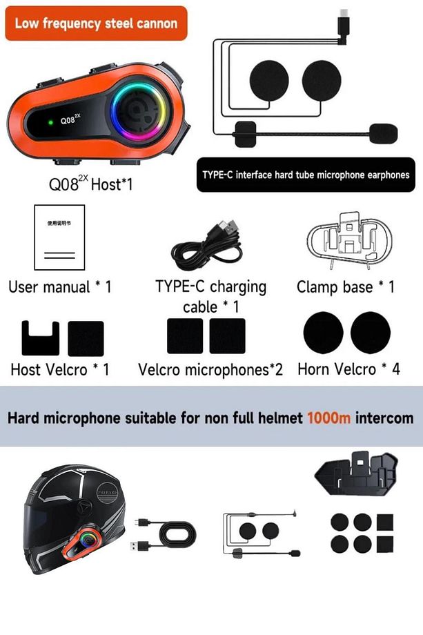 1000 Mt Intercom 2 Eşleşmeli Kask Kulaklık Q-08 Su Geçirmez Bluetooth Motosiklet Intercom Kulaklık - 6