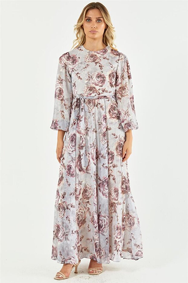فستان رمادي منقوش بالزهور - 2