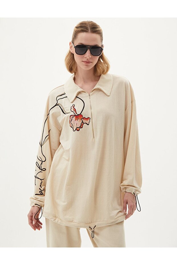 Nakışlı Sweatshirt Krem - 1