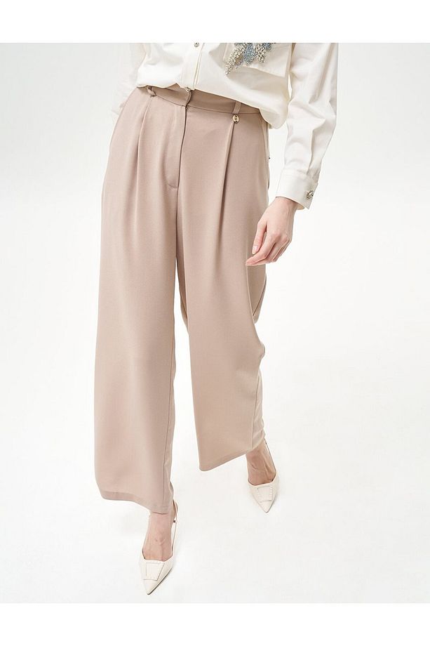 Pileli Cep Detaylı Basic Pantolon Bej - 8
