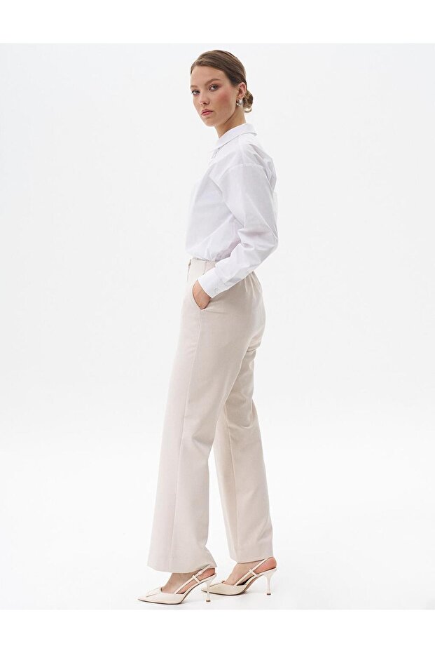 Beli Lastikli Basic Pantolon Taş - 4