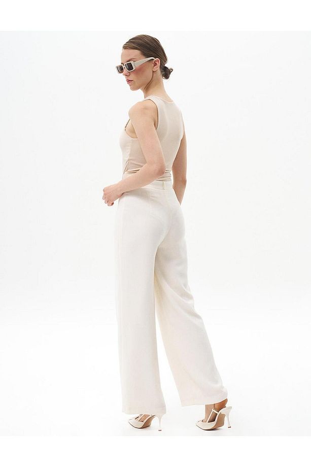 Basic Geniş Paça Krep Pantolon Ekru - 4
