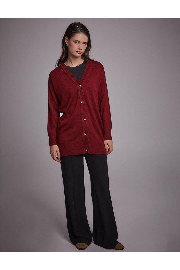 Basic Triko Hırka Bordo - 7