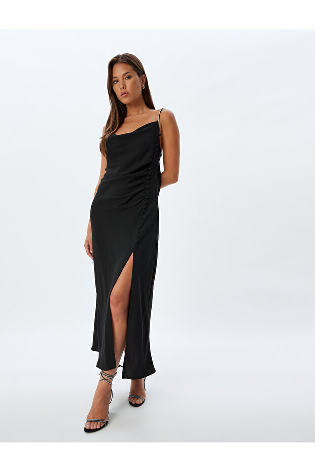 Evening Dress with Long Degaje Collar, Straps, Slits, Stone Detailing and Buttons