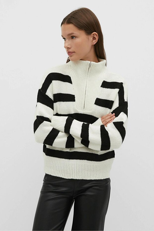 Zippered Striped Sweater Black
