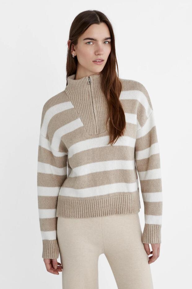 Zippered Striped Sweater Mink