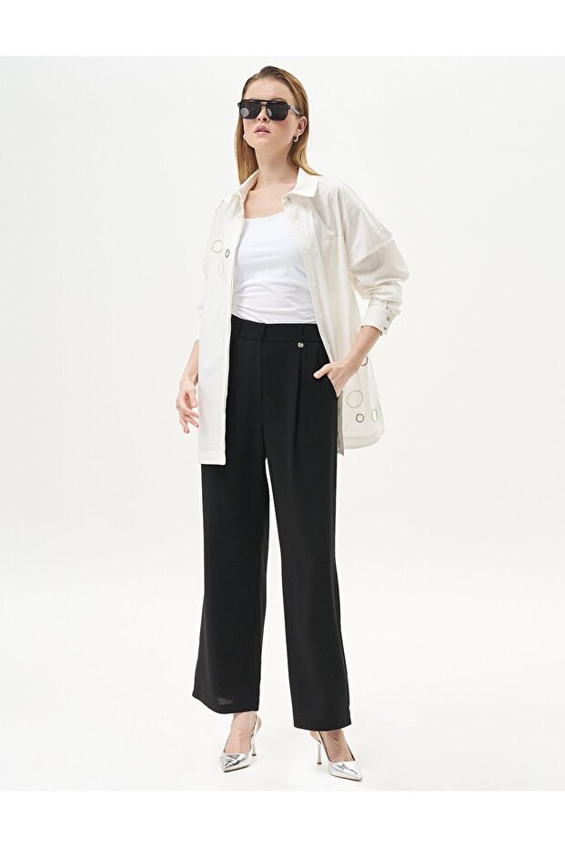 Pileli Cep Detaylı Basic Pantolon Siyah - 1