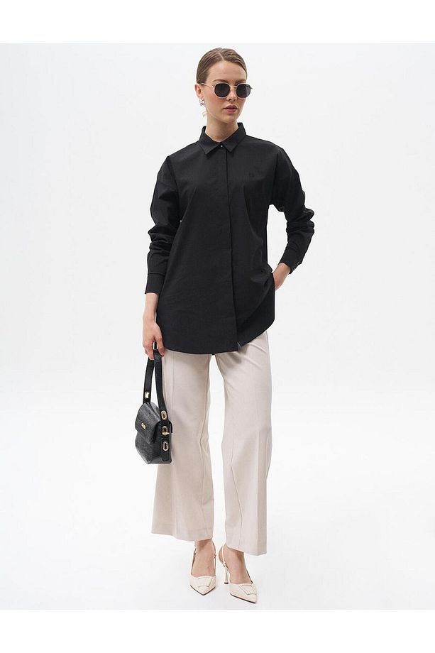 Gömlek Yaka Basic Poplin Tunik Siyah - 1