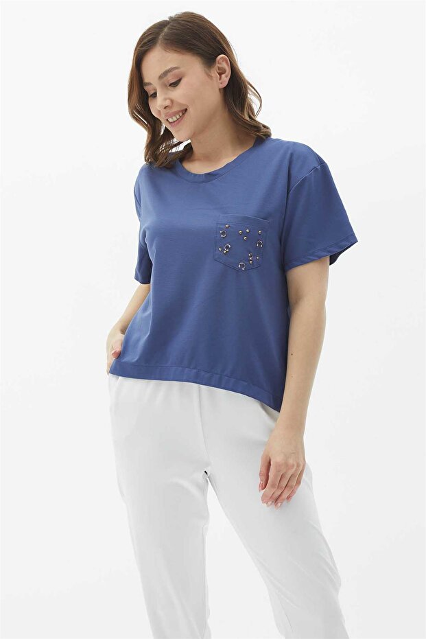 Cep Detaylı Bluz Indigo - 2