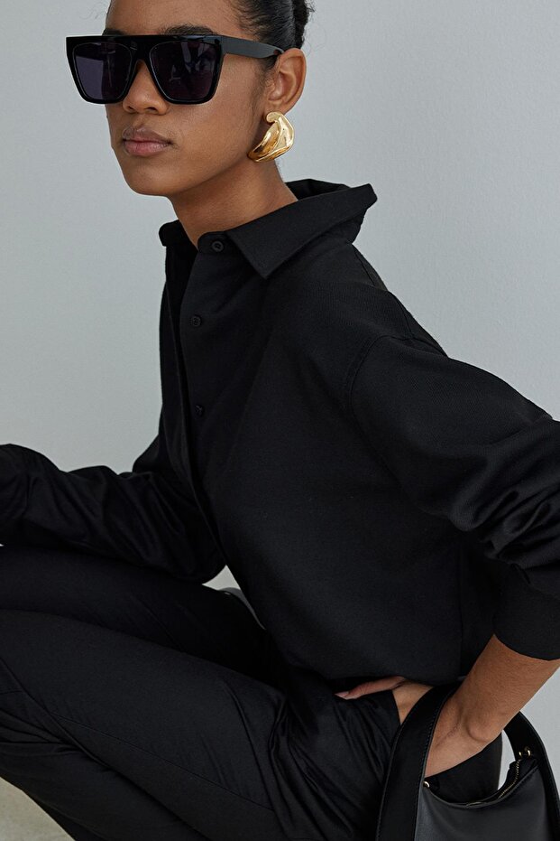 Siyah Jil Pamuklu Basic Gömlek - 4