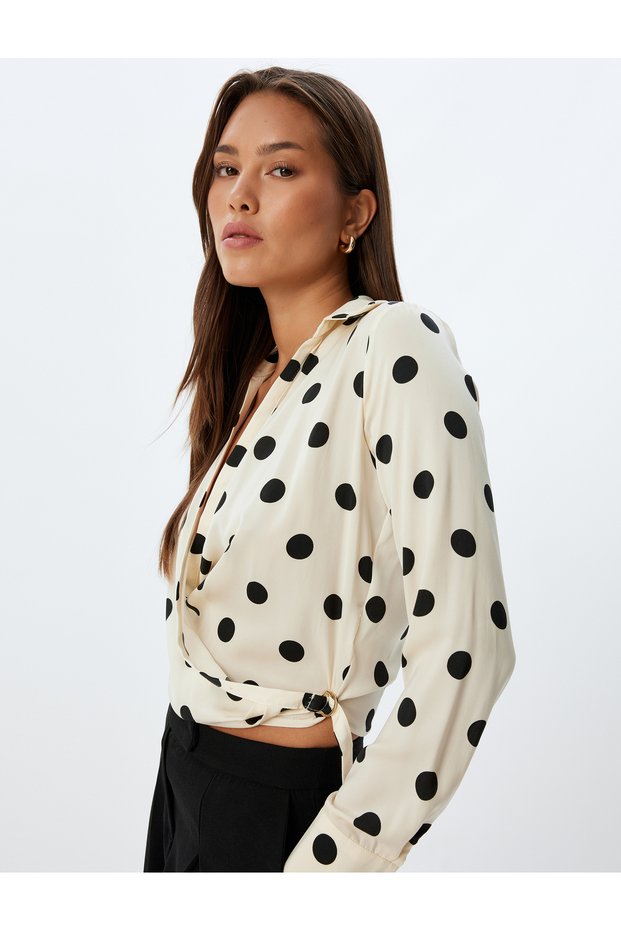 Polka Dot Crop Satin Blouse Double Breasted V-Neck Long Sleeve