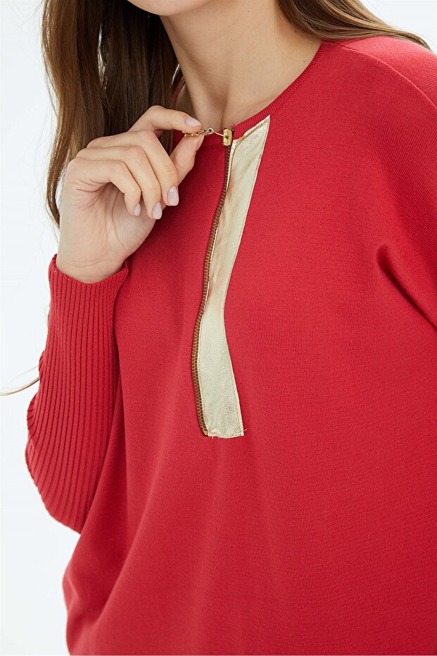 Deri Detaylı Triko Tunik Domates - 3