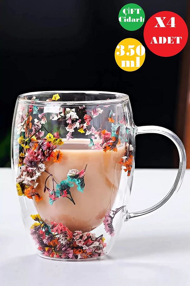 4'lü Çift Cidarlı Flower Cup 350ml Çiçekli Bardak Kahve Çay Bardağı El Yapımı Kulplu Cam Bardak Set - 2