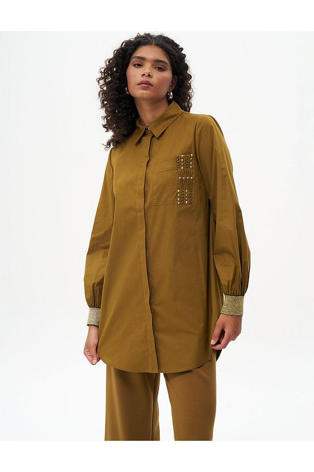 Taş Süslemeli Gömlek Yaka Poplin Tunik Koyu Oliv - 4