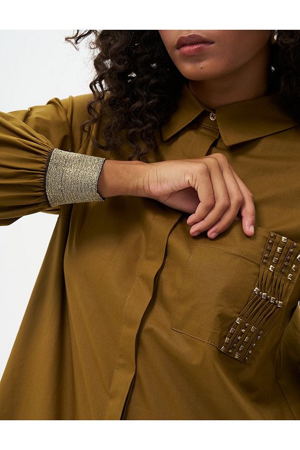 Taş Süslemeli Gömlek Yaka Poplin Tunik Koyu Oliv - 6