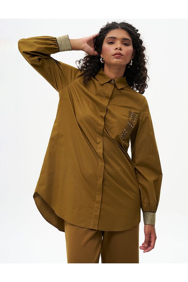 Taş Süslemeli Gömlek Yaka Poplin Tunik Koyu Oliv - 5