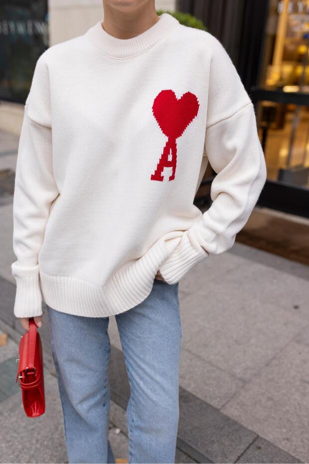 Ekru Kalp Nakışlı Basic Triko - 1