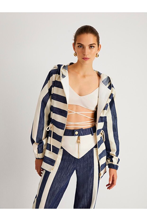 Hooded Elastic Waist Denim Jacket