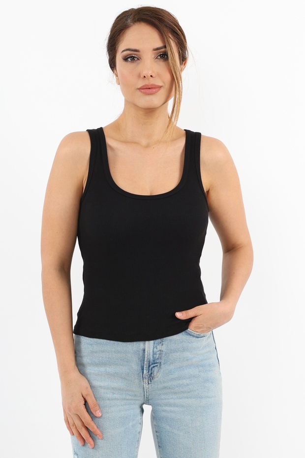 Kadın Cotton Premium Doku Siyah Pamuklu Basic Fitilli Atlet - 3