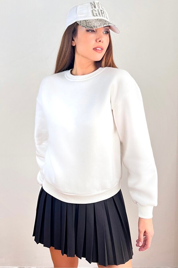 Kadın Cozy İçi Polarlı Ekru Basic Bisiklet Yaka Pamuklu Kalın Örme Sweatshirt - 2
