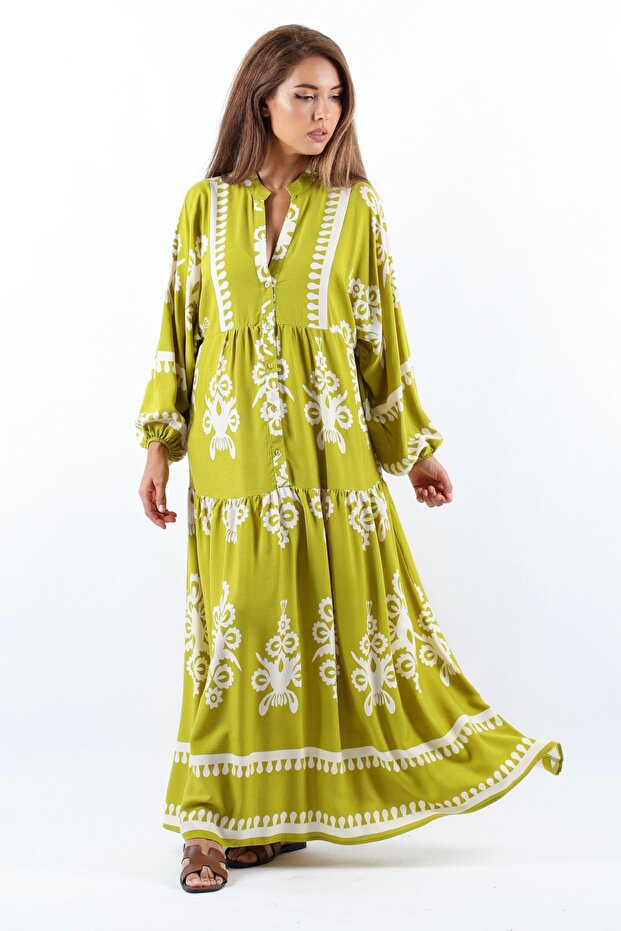 Prive Oil Green Maxi Length Viscose Long Dress - Shawl Pattern