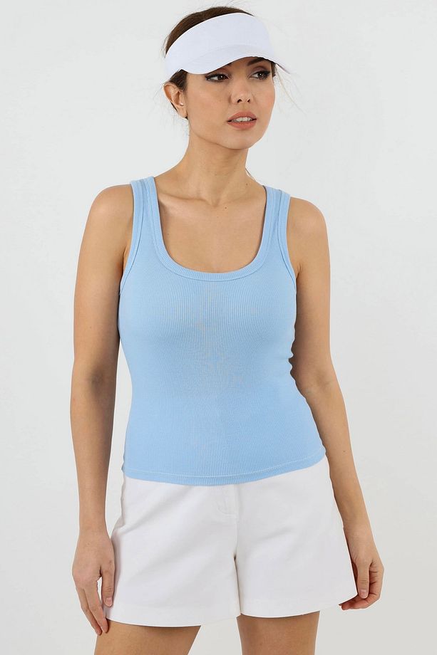 Kadın Cotton Premium Doku Mavi Pamuklu Basic Fitilli Atlet - 7
