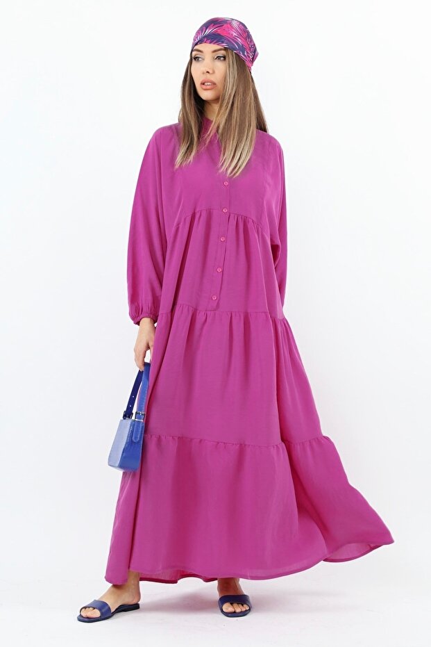 Prive Women's Soft Tensell Fabric Fuchsia Maxi Length Layered Summer Long Dress 24EL036