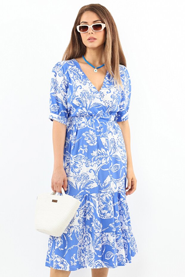 Women's Cruise Blue Viscose Midi Dress with Elastic Waist