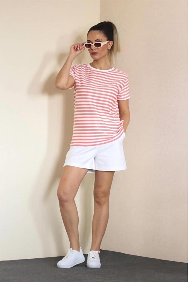 Kadın Pembe Beyaz Çizgili Basic T-shirt - 5