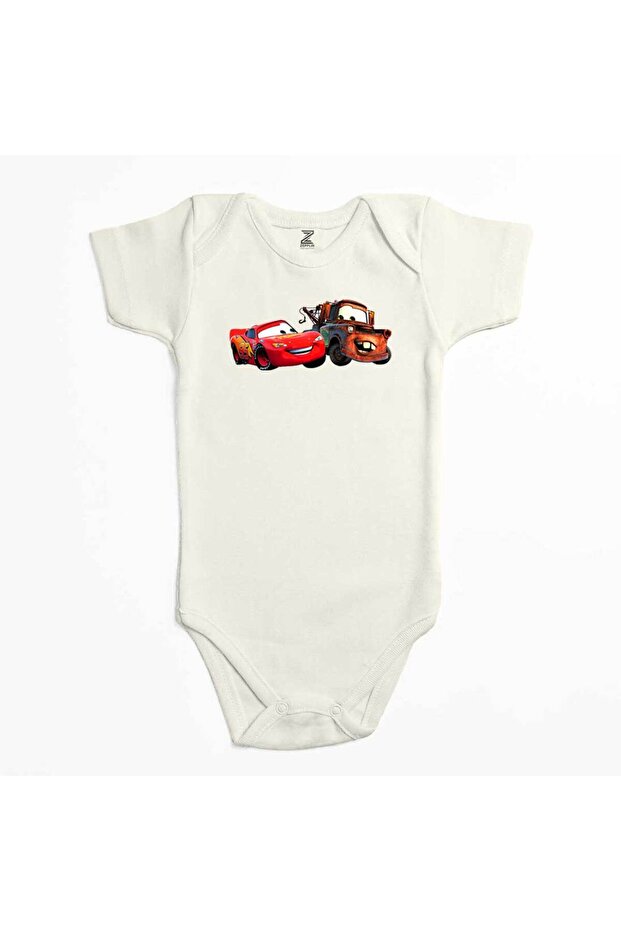 Lightning Mcqueen and Tow Mater Cars Ecru Color Baby Bodysuit
