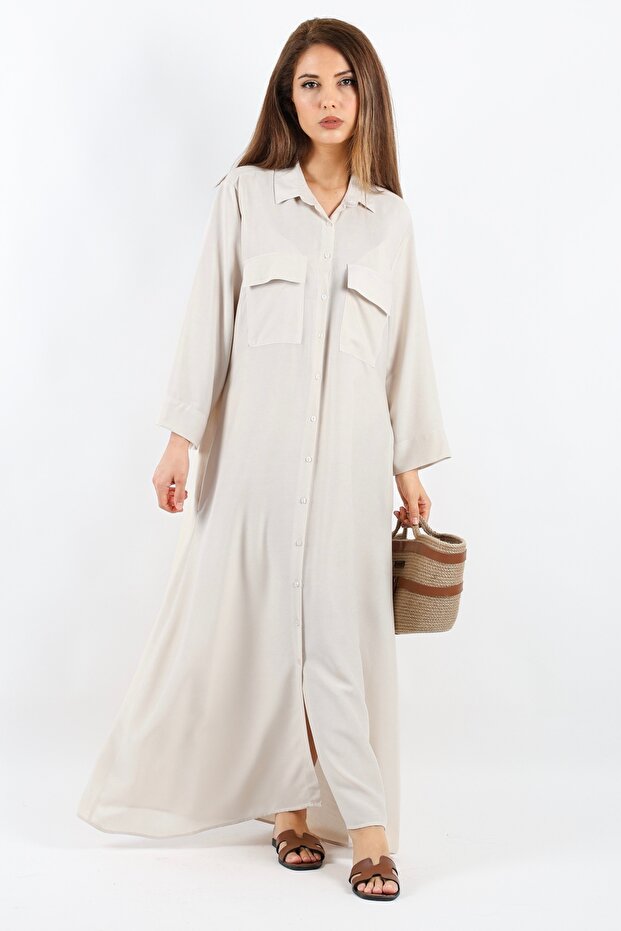 Prive Women's Plain Beige 100% Viscose Maxi Length Summer Long Dress with Pockets