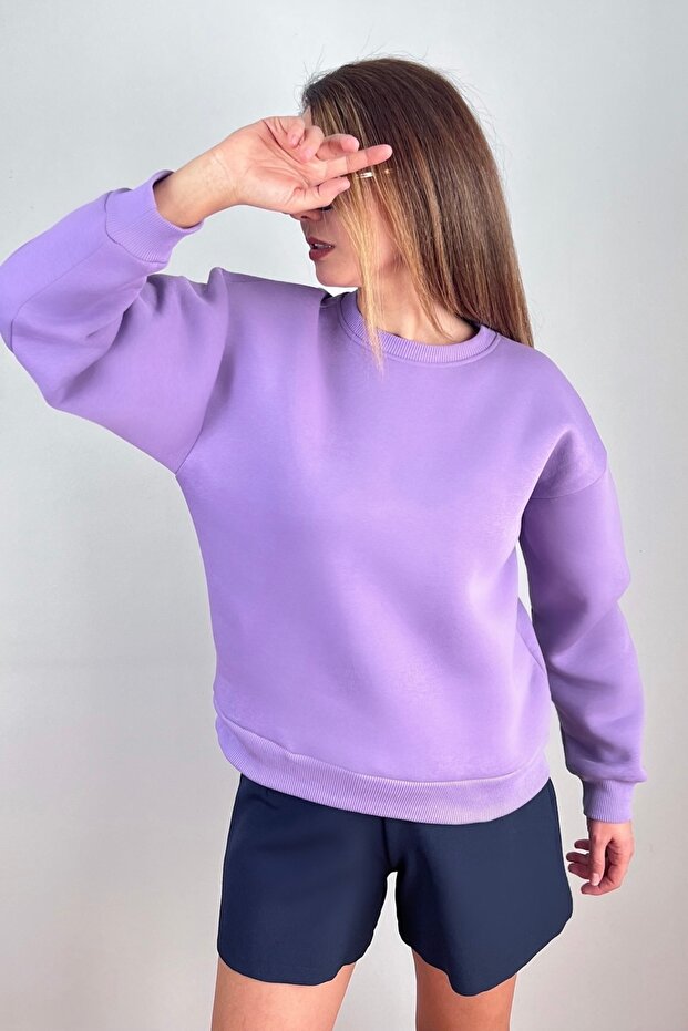 Kadın Cozy İçi Polarlı Mor Basic Bisiklet Yaka Pamuklu Kalın Örme Sweatshirt - 2