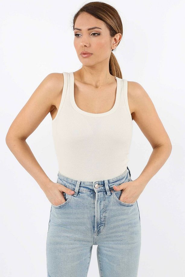 Kadın Cotton Premium Doku Krem Pamuklu Basic Fitilli Atlet - 2