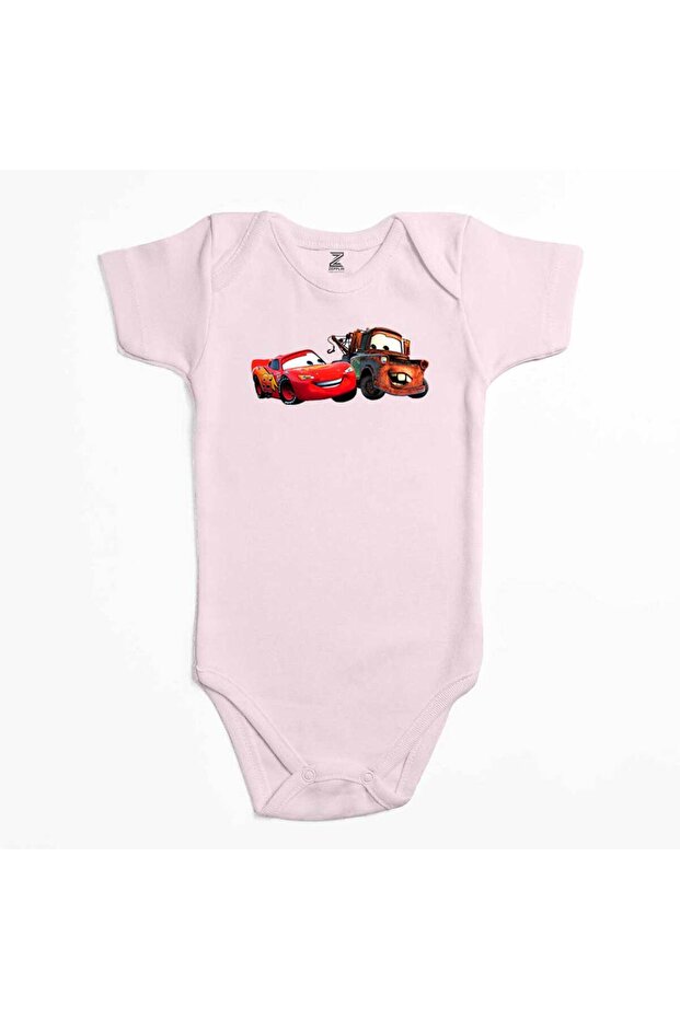 Lightning Mcqueen and Tow Mater Cars Pink Color Baby Bodysuit