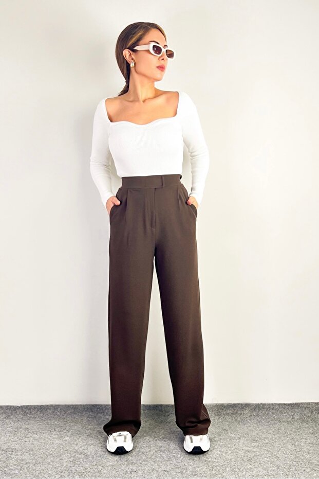 Line női Lycra tépőzáras barna Palazzo nadrág - 3