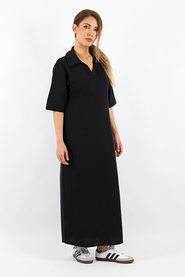 Kadın Basic Siyah Polo Yaka Yırtmaçlı Elbise - 4