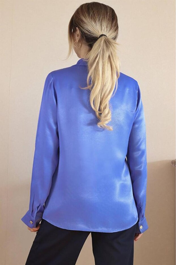 Kadın Mavi Premium Saten Gömlek - 3