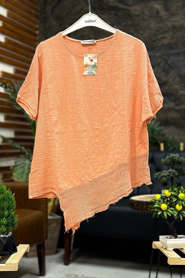 Short Sleeve Asymmetrical Mesh Linen Blouse