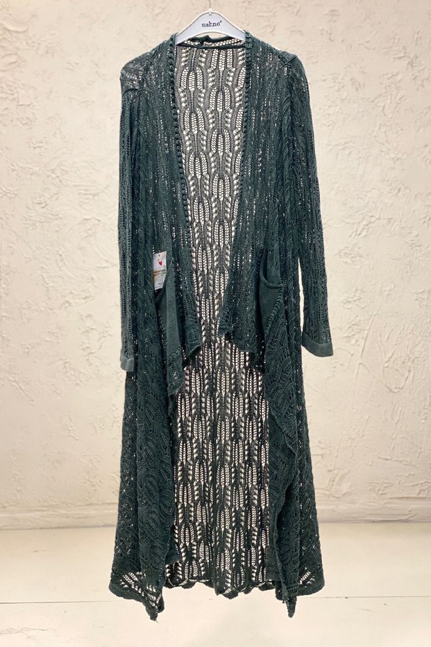 Openwork asymmetric mercerized long organic knitwear cardigan