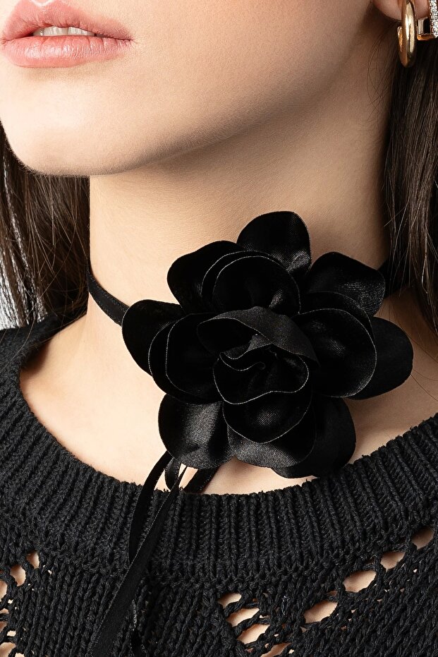 Flower Choker Necklace Satin Black Oval Design (120cm)