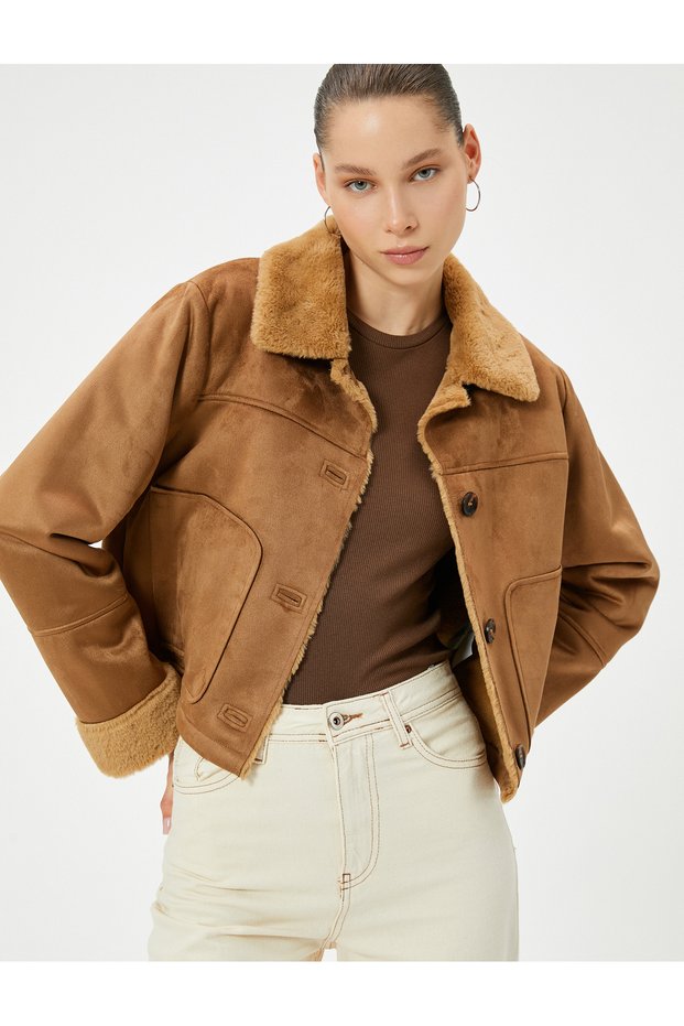 Faux Leather Suede Jacket with Fur Collar Button Pocket Slim Fit