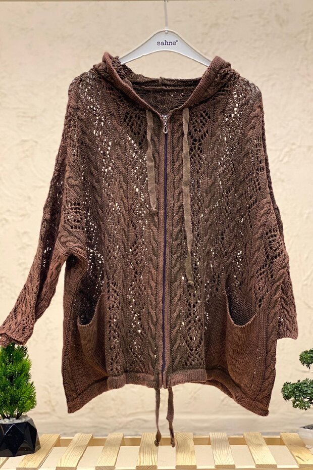 Hooded Zippered Openwork Cardigan