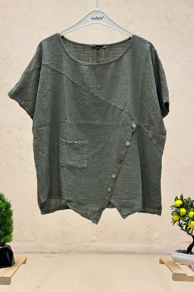 Single Pocket Short Sleeve Oversize Blouse - Front Cross Button