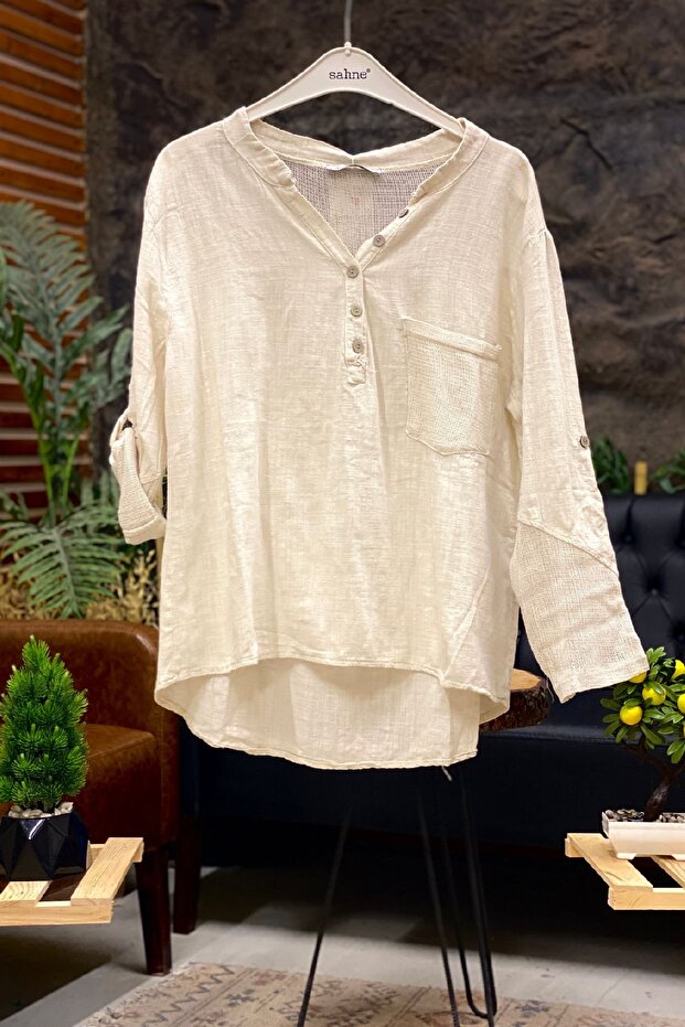 Judge Collar Linen Blouse with Pocket and Back Mesh Detail