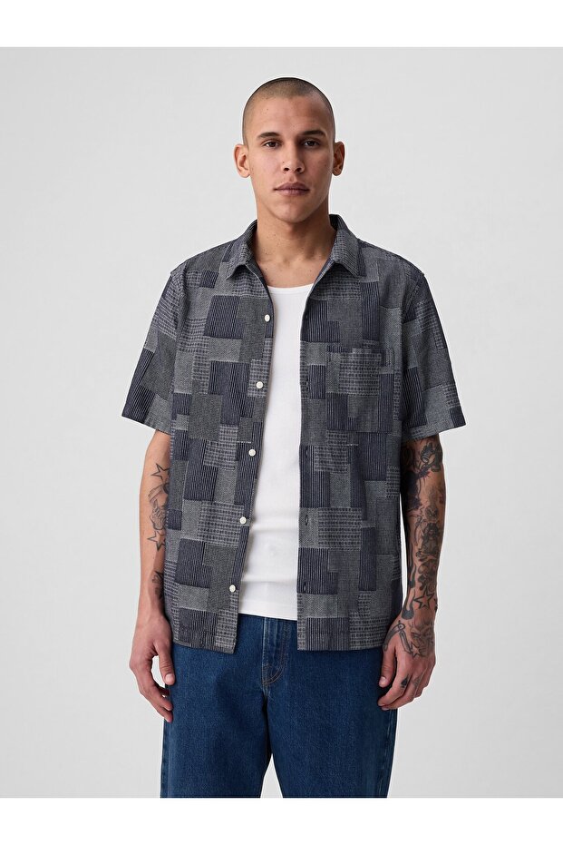 Erkek Koyu Mavi Patchwork Resort Gömlek - 1