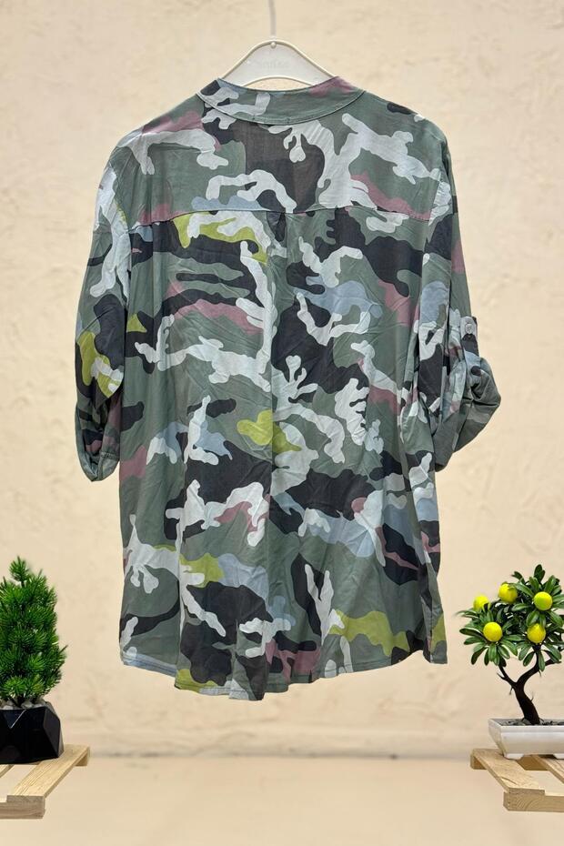 Yaka Pullu Hakim Yaka Düğmeli Kamuflaj Gömlek - 2