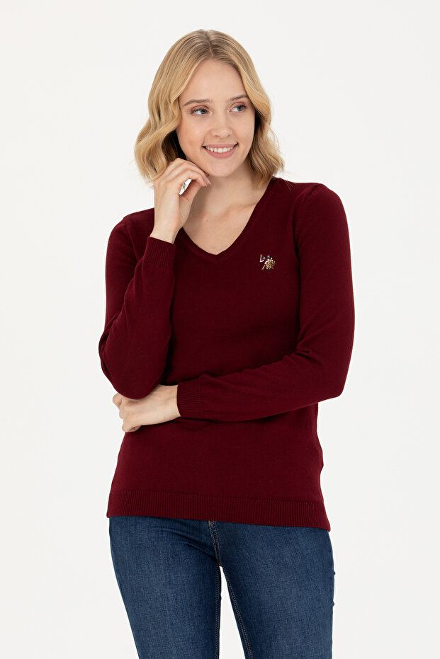 Women's Burgundy V-Neck Basic Sweater 50269014-Vr014
