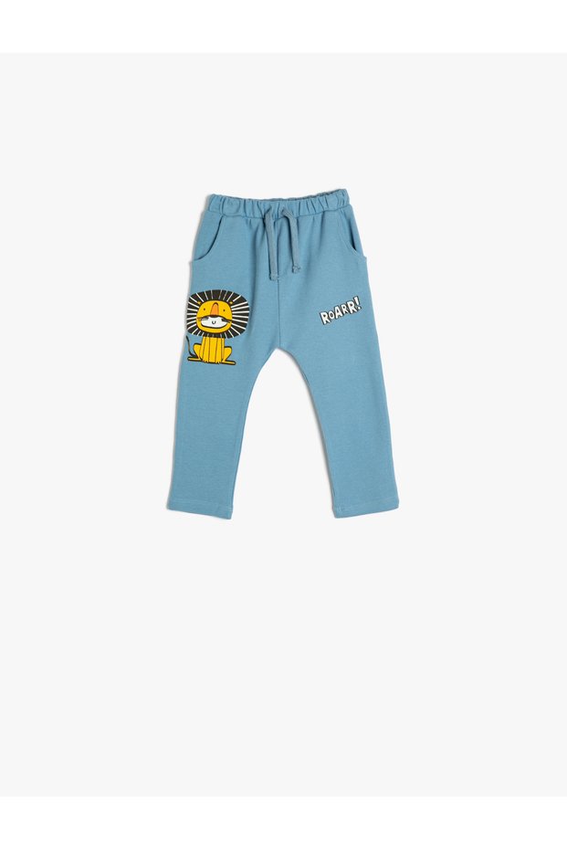 Sweatpants Lion Printed Pocket Tie Waist Pocket Cotton